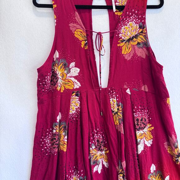 Free People Floral Sleeveless Dress M Red Yellow Boho Open Back Tie Festival - Picture 6 of 8